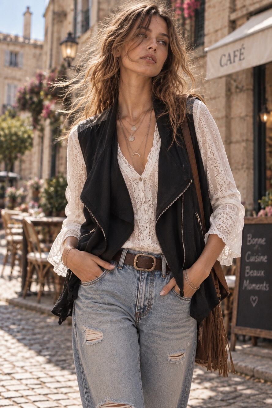 Hem & Thread Black Gray Plaid Asymmetrical Zip Moto Vest Boho
Large